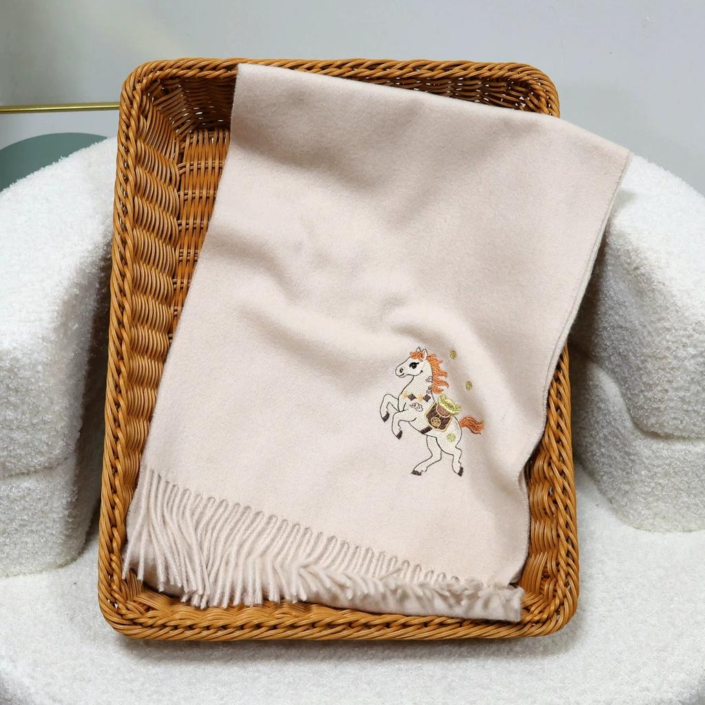 New Year's Embroidered Wool Scarf for Autumn and Winter Thickened Warm Scarf With Tassel