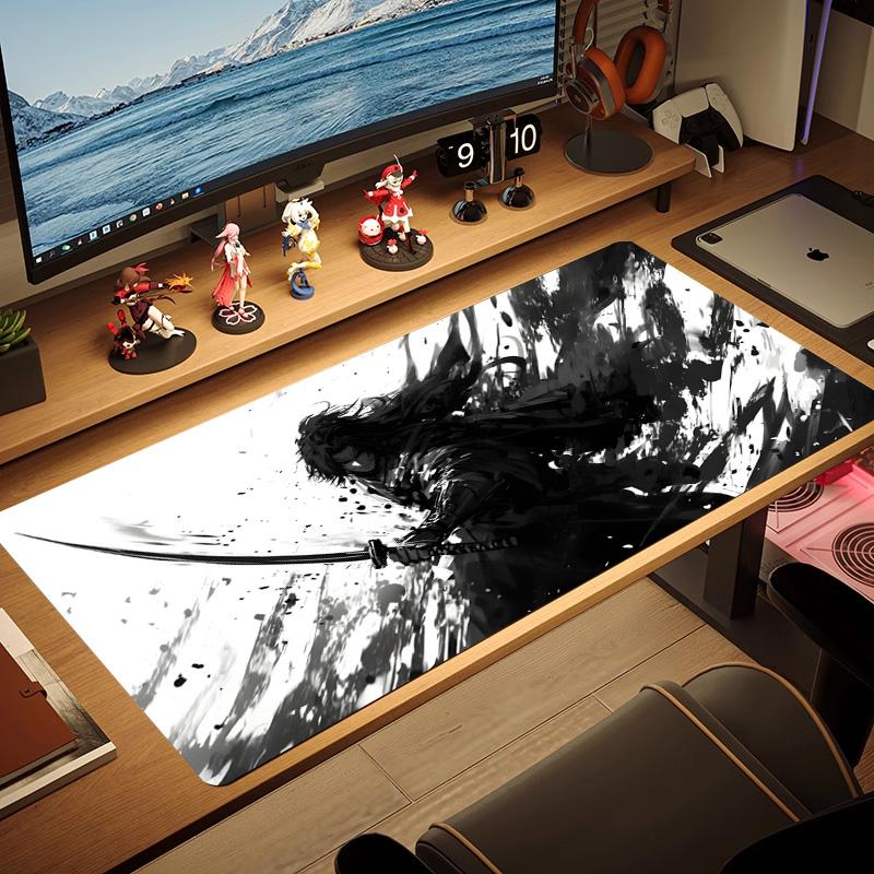 Mouse Pad Large Ink Painting Black Desk Pad Samurai Nonslip Rubber White Game Mouse Mat Laptop Carpet Gaming Mousepads