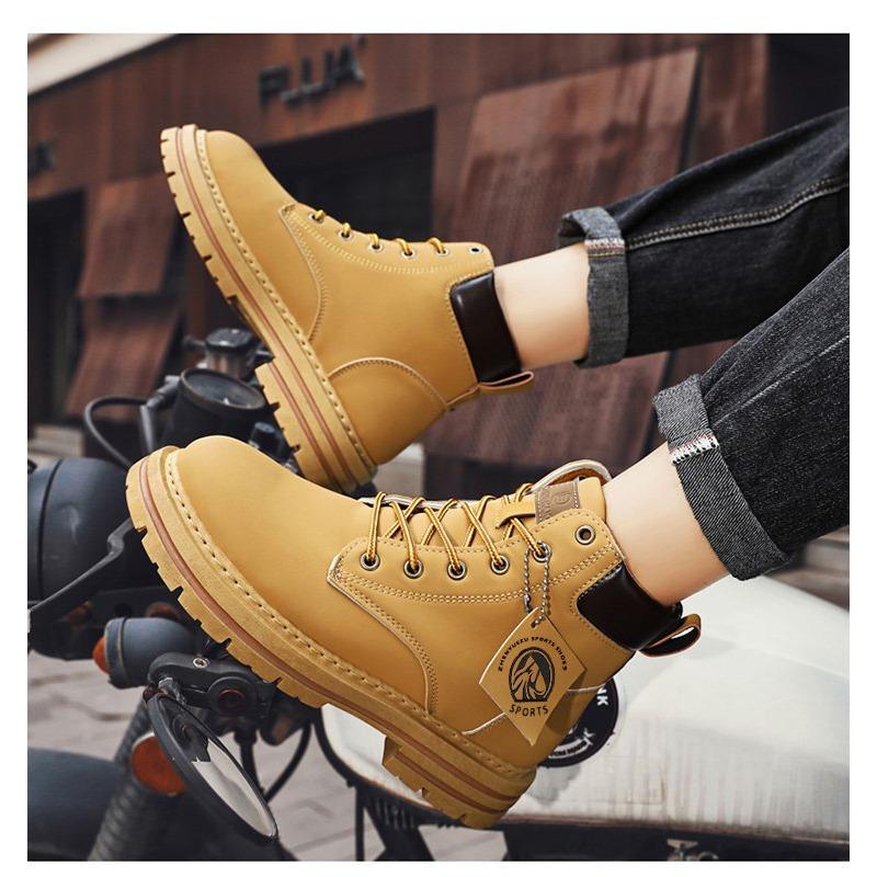 Pánské kožené boty s vysokým svrškem, ležérní/vysokoškolský/streetový styl, jednobarevné, krátký kotníkový design, kulatá špička - módní pánská obuv