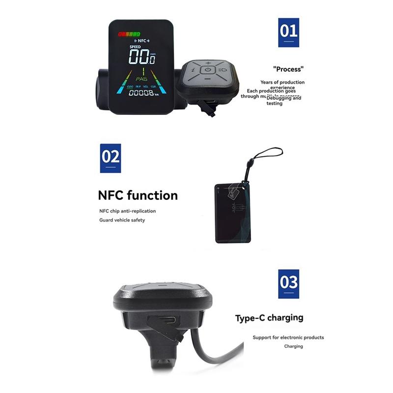 AB96-F3 E-Bike NFC LCD Display Animated Color Meter 24V/36V/48V/60V UART Electric Scooter NFC LCD Meter Speedometer