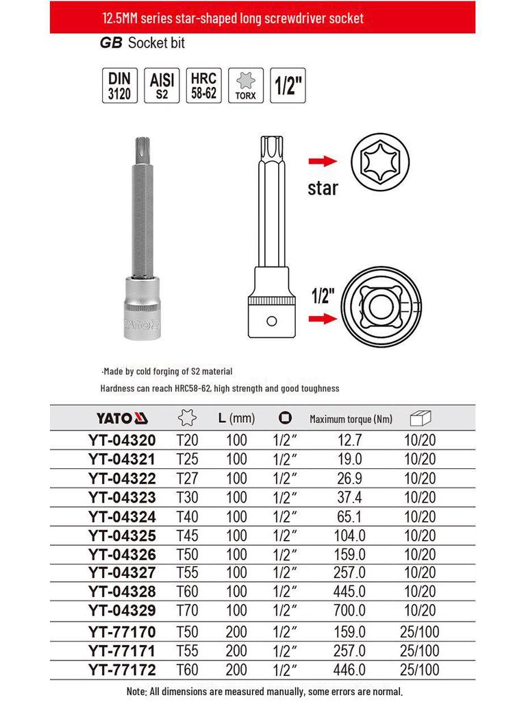 YATO 1/2" Star Screwdriver Socket Set, Chrome Vanadium Steel, S2 Head