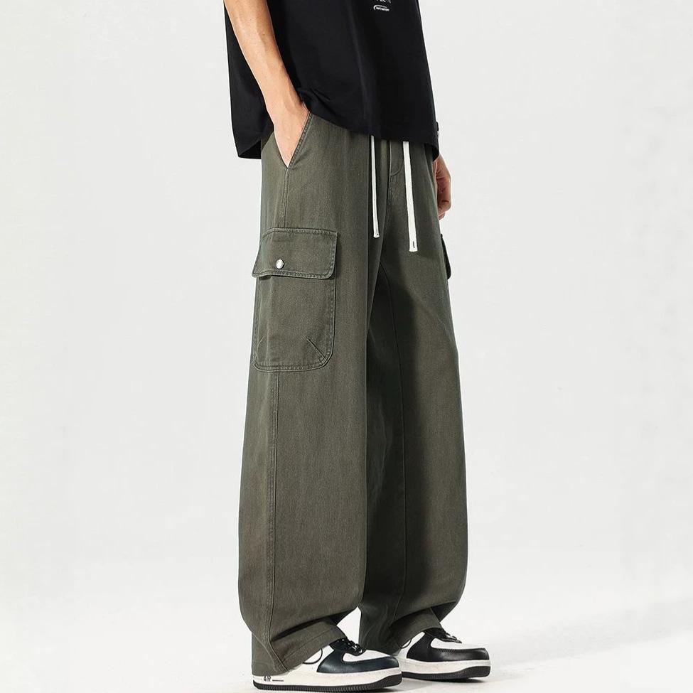Spring and summer new pure cotton loose straight tooling wide-leg army green casual pants men's very light pants