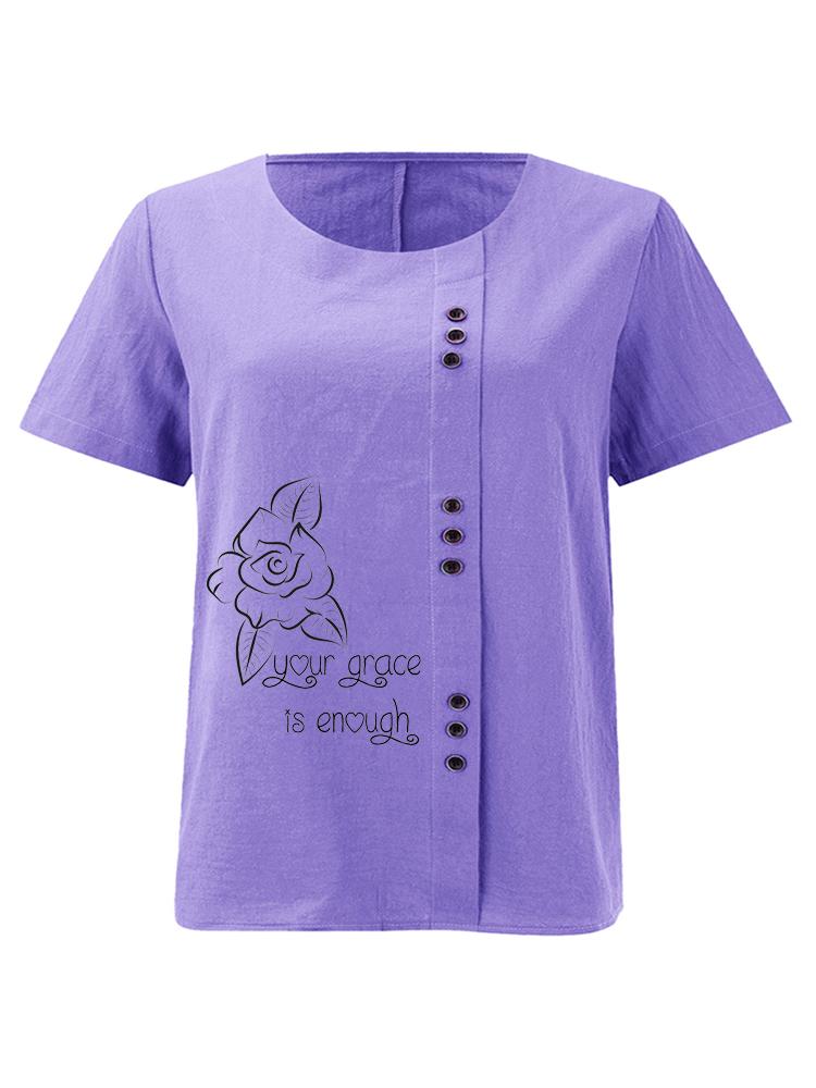 Women's Fashion Black Line Floral Letters Print Shot Sleeve T-shirt Loose Cotton Shirt Casual Loose Summer Blouse Tops Plus Size