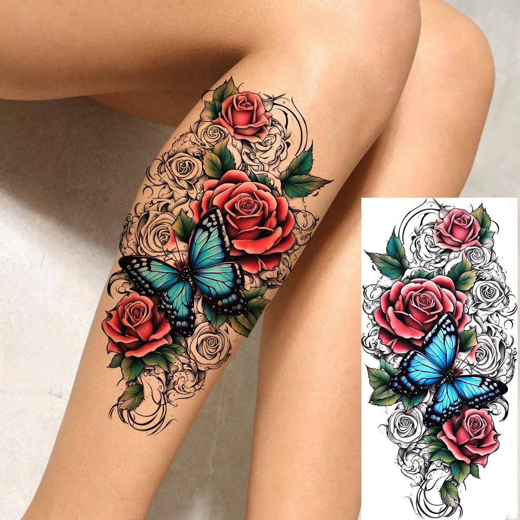 1 Sheet Butterfly Watercolor Flower Tiger Temporary Tattoos For Women Men Adults Fake Phoenix Parrot Lotus Tattoo Sticker Sleeve