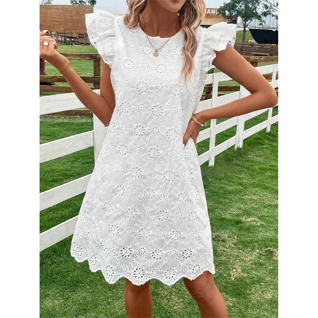 Dámské módní jednobarevné volné krajkové šaty bez rukávů s kulatým výstřihem