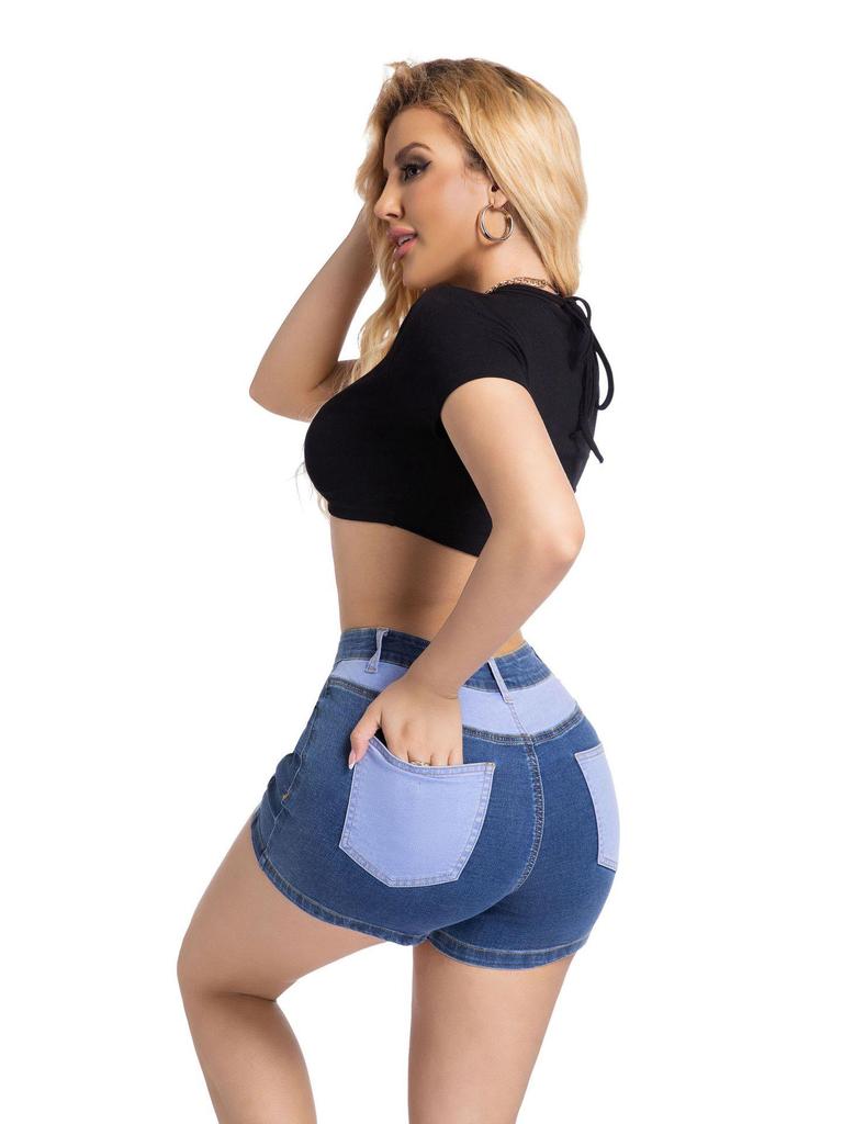 2025 European & American Stretch Fashion Patchwork Denim Hip-lifting Shorts for Women