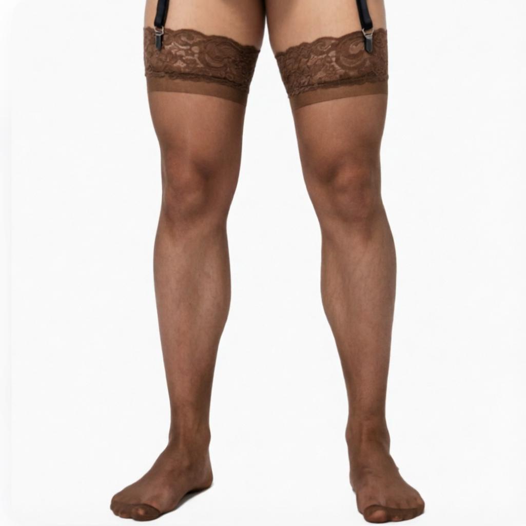 Chaussettes Longues Homme Vert Foncé Vintage Bas Dentelle Soie Transparents Couleur Noir Café Gris Bleu Chaussettes Homme Calcetines Hombres One Size brown