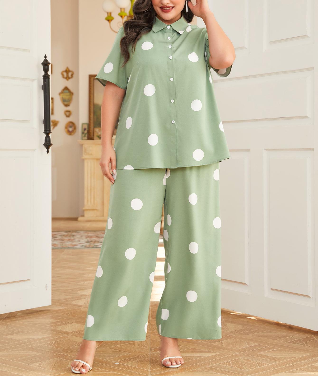 Plus Size Polka Dot Print Loose Shirt & Straight Casual Pants Set 4XL зелёный