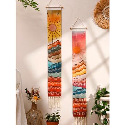 Makrome Duvar Gobleni Dağ & Gündoğumu ve gün batımı Boho Ev Dekorasyonu Goblen Duvar Asma Oda Dekorları Estetik Duvar Dekoru