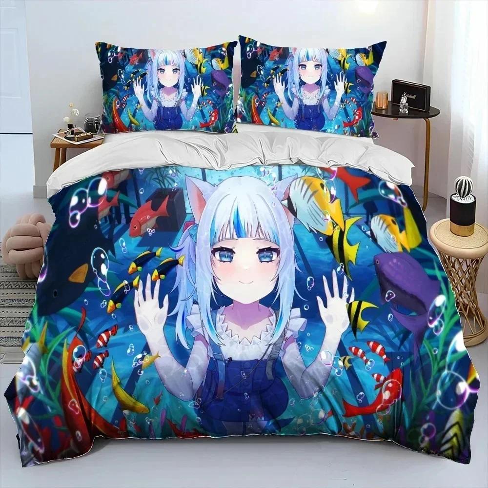 Comforter Cute Gawr Gura Hololive Anime Shark Bedding Set Printed Bed Set With Soft Queen King Size Bedclothes Home