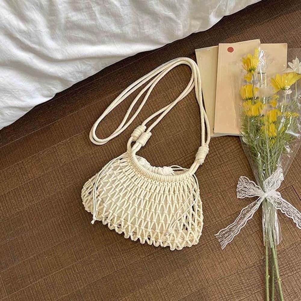 Net Pouch Yarn Woven Crossbody Bag Large Capacity Hollow Fishnet Bag Crochet Shoulder Pouch Female