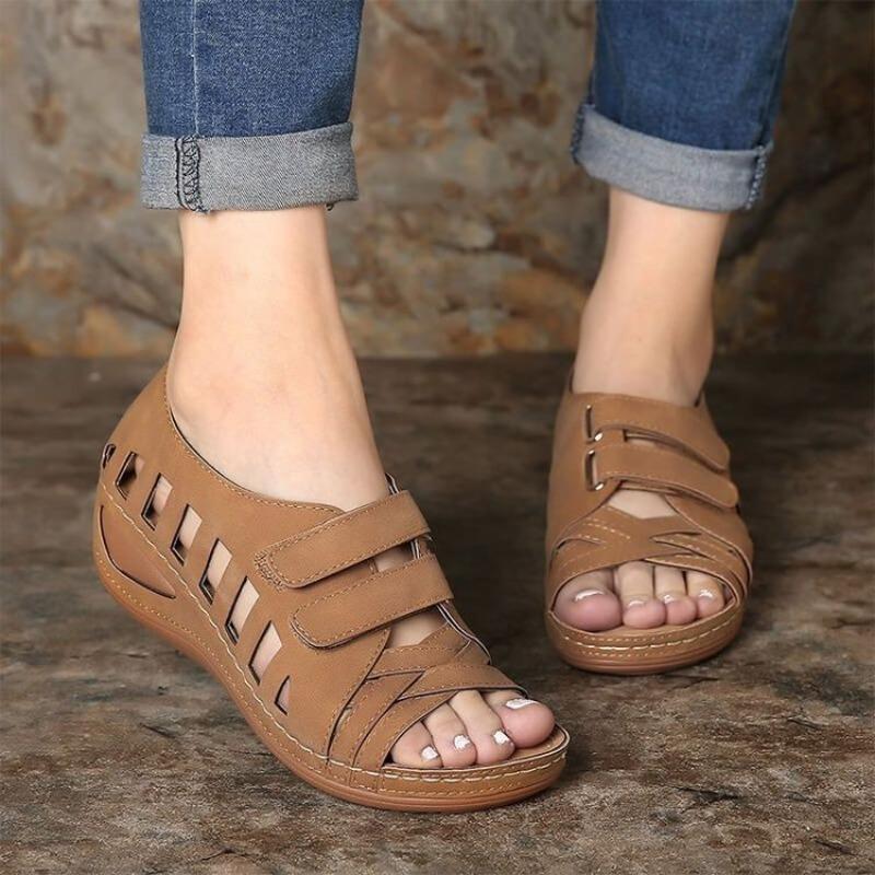 Large size wedge heel sandals women's summer Velcro lightweight hollow sandals women