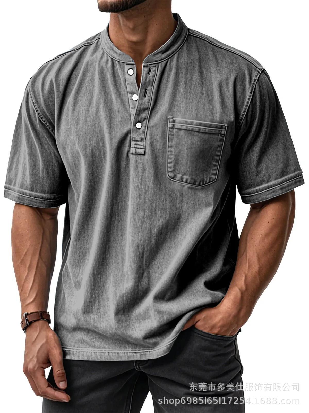 Men s Short Sleeve Denim Shirt Henry Collar Casual Top Solid Light Blue S