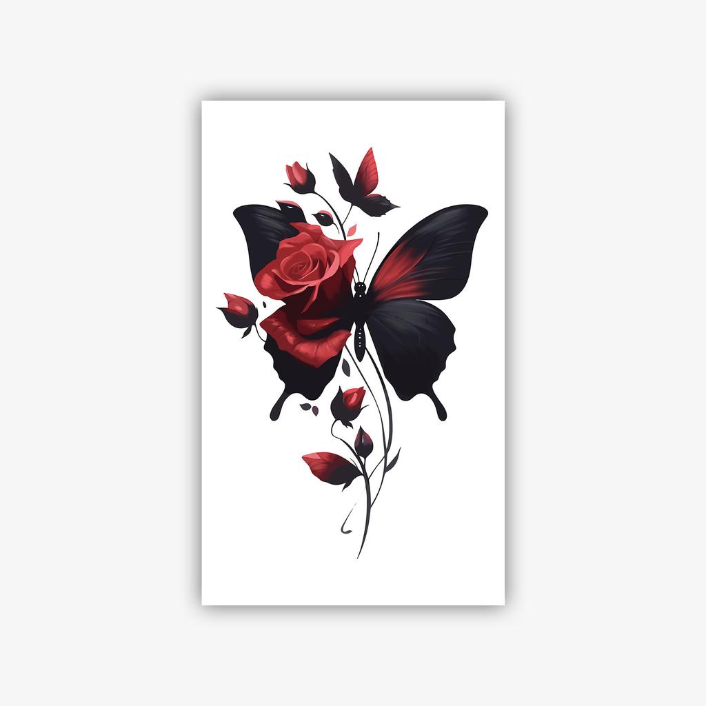 Dark Butterfly Rose Tattoo Sticker Waterproof Sweatproof Premium Flower Painted Sticker