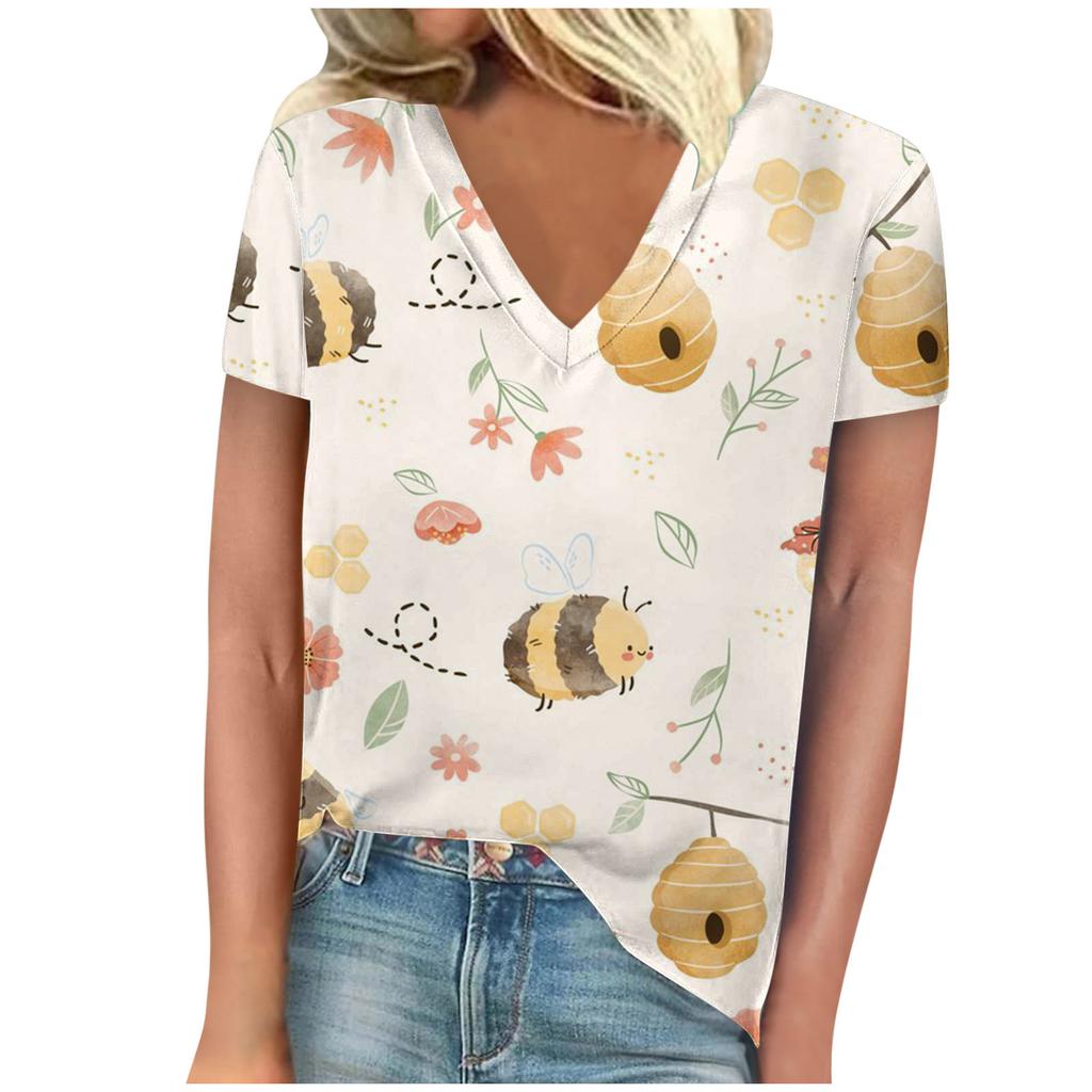 vintage women bee print t shirt short sleeve v neck tops comfortable t-shirts