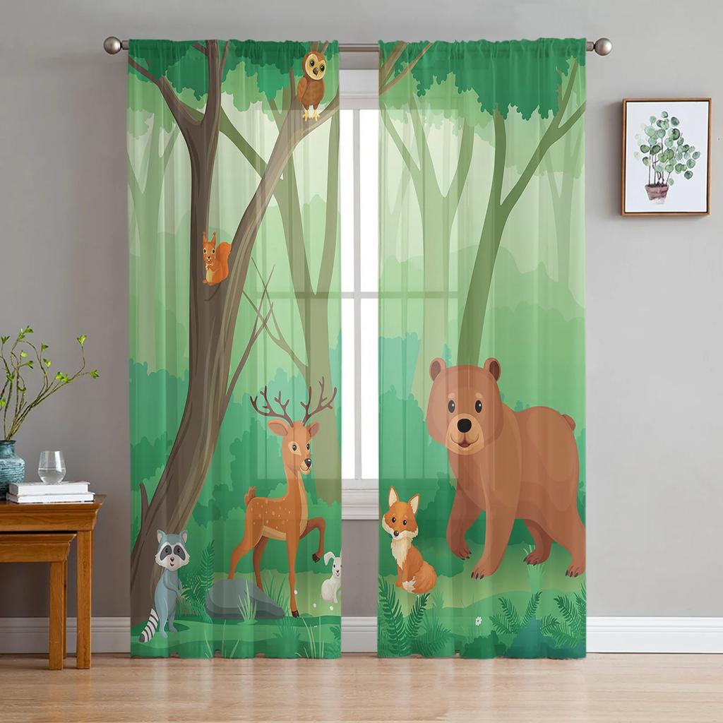 Cartoon Animal Hedgehog Fox Rabbit Green Leaf Netting Sheer Window Drapes for Living Room Bedroom Voile Organza Drapes Drapes