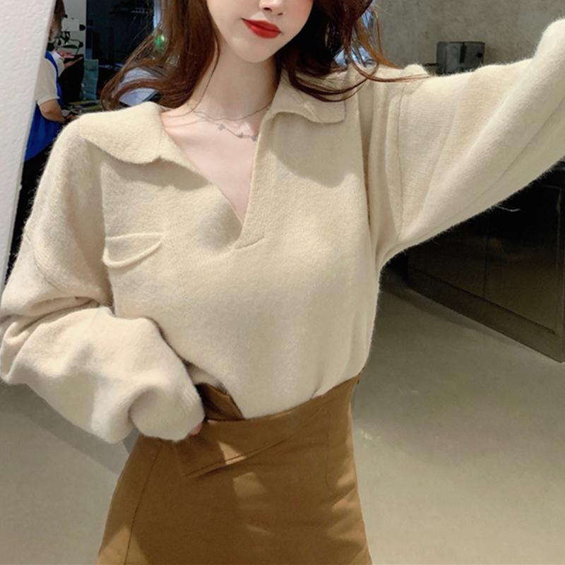 Hirsionsan oříznuté volné, jednobarevné pletené svetry s výstřihem do V, dámské Nové korejské kauzální retro svetry Minimalistické svetry s dlouhým rukávem