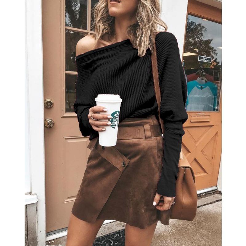 Women S One Shoulder Batwing Long Sleeve T Shirt Autumn Casual Wear S чёрный