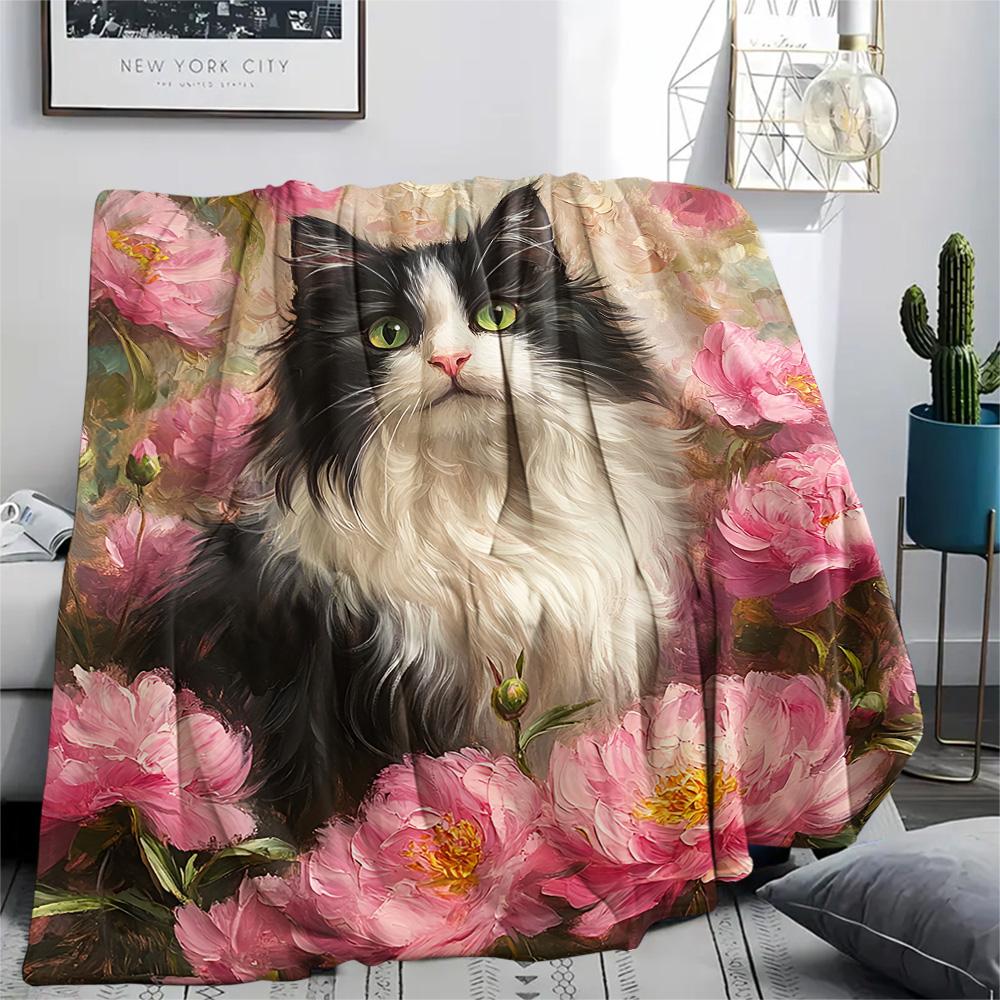 Weiße Katzen-Print Flanelldecke, Hohe Qualität, Bequem für alle Jahreszeiten, Heimdekoration, Wärme und Komfort, Perfekt für Weihnachtsgeschenke