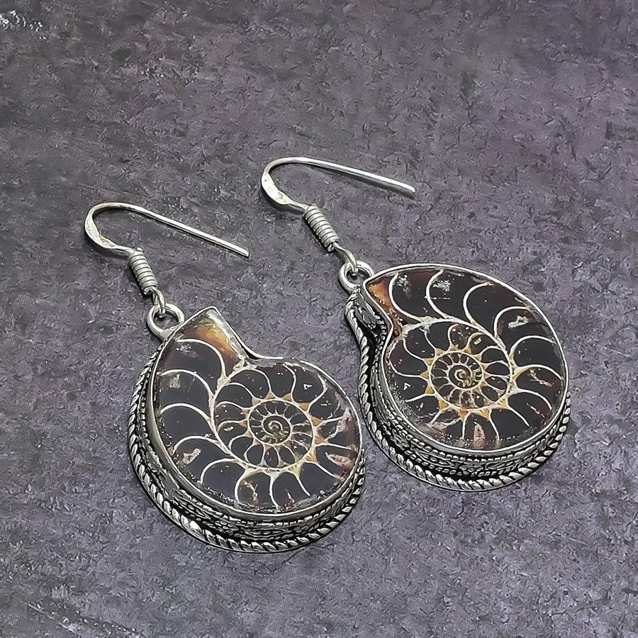 Ammonite Fossil Gemstone 925 Sterling Silver Jewelry Earring 2.01"
