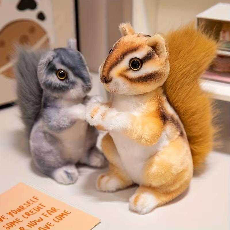 7.48-Inch Cute Big-Tailed Squirrel Plush Toy, Soft Gray-Brown Stuffed Animal With Fluffy Tail, Realistic Fur Home Decor
