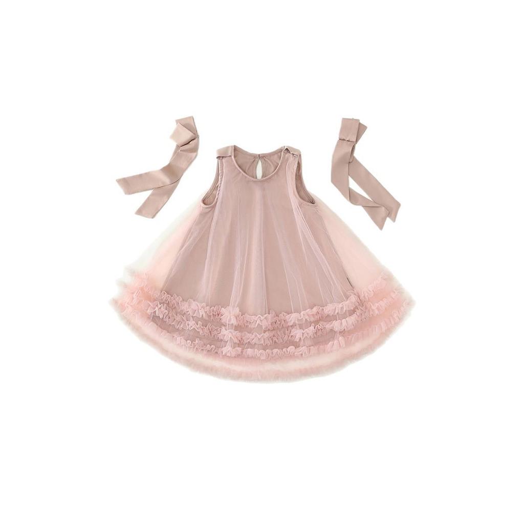 Korean Style Girls' Summer 2025 Bowknot Mesh Princess Party Dress