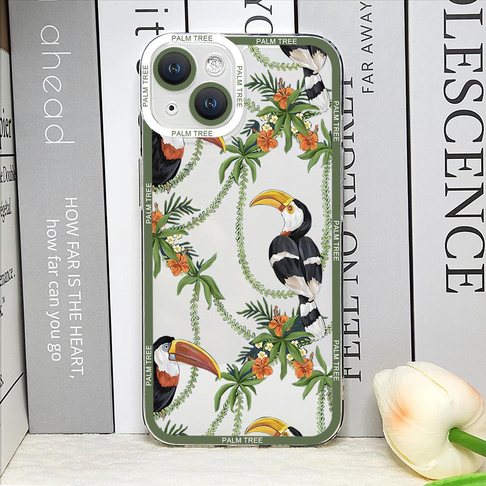 

Monstera Leaves Palm Tree Flowers Bird Phone Case for iPhone 17 16 15 14 13 12 11 Pro Max Mini XS X 7 8 14Plus Soft Cover Fundas iPhone 13 mini