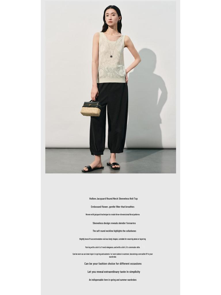 Elegant Women's Silk Jacquard Sleeveless Knit Top - High-Quality Summer Style