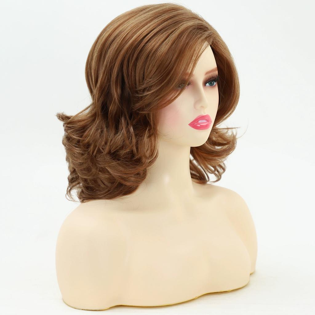 Women Shoulder Length Wave Hair Golden Brown Blonde Synthetic Wavy Wigs with Bangs Heat Resistant Fibre for Daily Cosplay Lolita