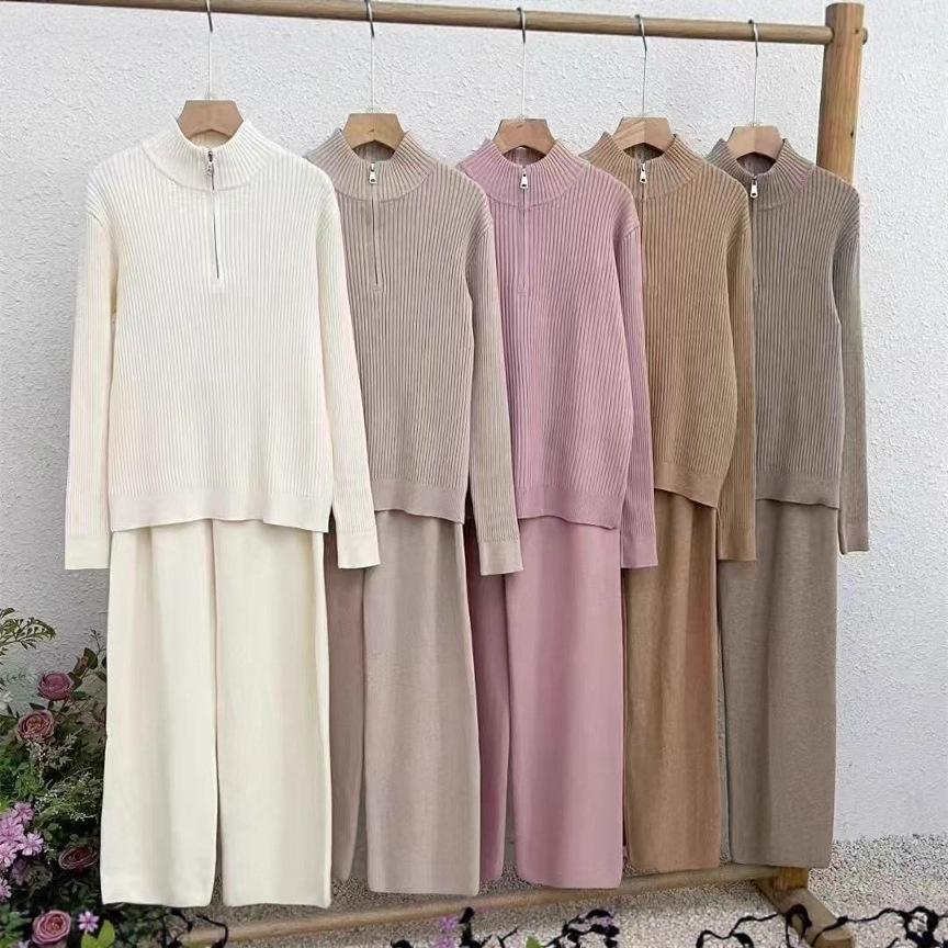 European and American New Half-Zipper Stand Collar Design Knit Sweater Straight-Leg Long Pants Two-Piece Women's Casual Set