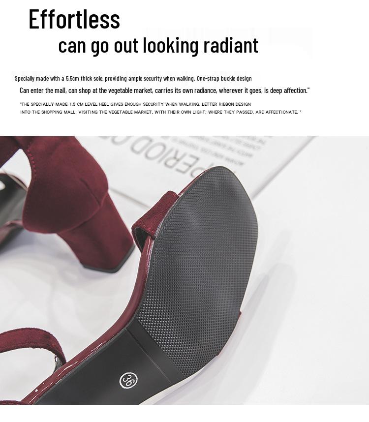 Women's Black Suede Thick Heeled One-Strap Sandals - 2024 Summer Casual Versatile High Heels