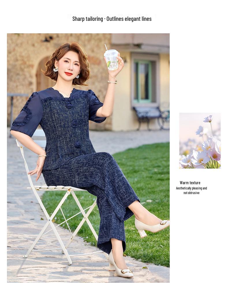 2026 Summer Outfit: Stylish Short-Sleeve Two-Piece Set for Middle-Aged and Elderly Women, Casually Elegant Chinese Style.