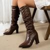 Vintage Herbst Winter Plissierte Damen Lange Stiefel Mode Dicker Absatz Kniehohe Stiefeletten Frau Modern Hohe Stiefel
