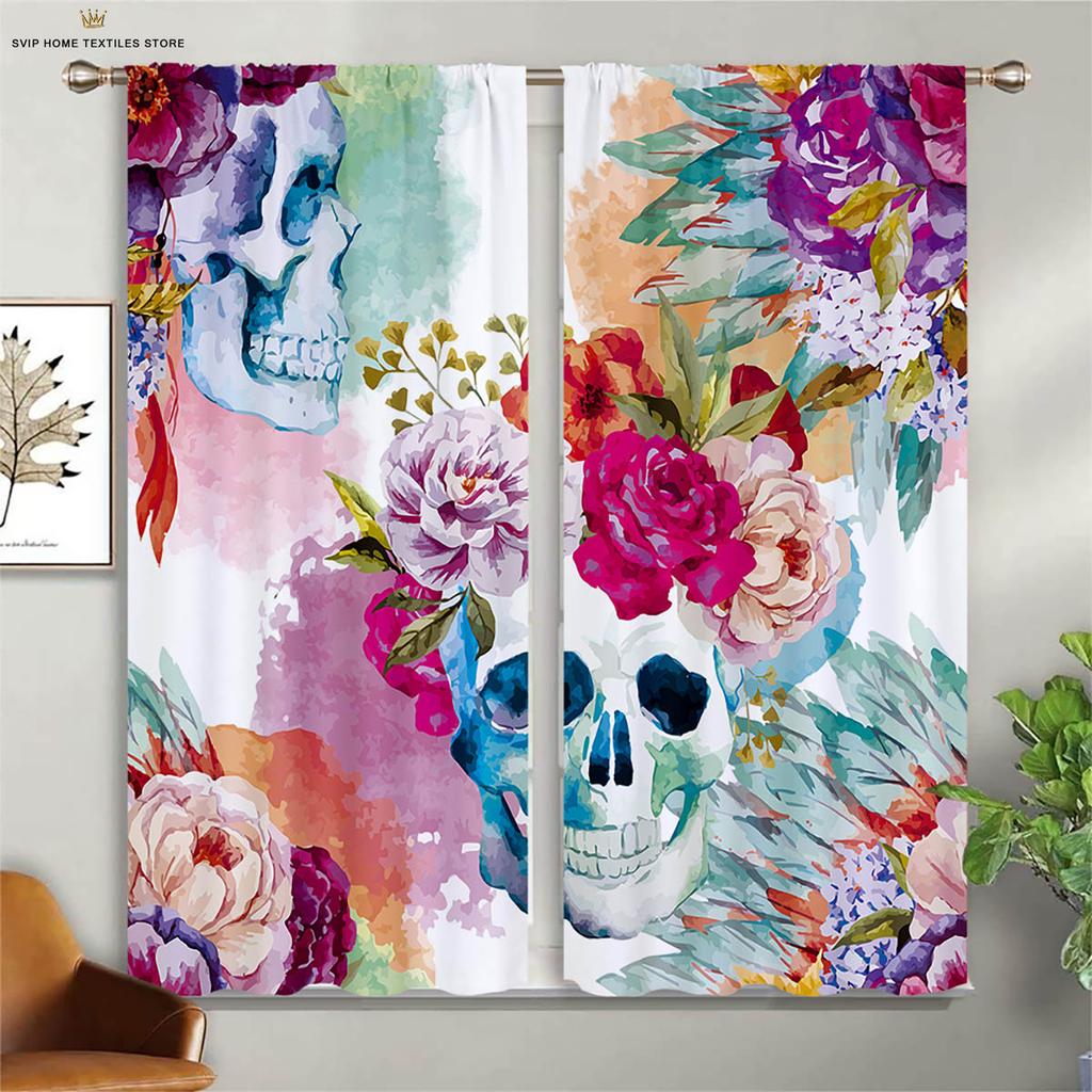 Colorful Pattern Floral Pattern Skull Style 3D Pattern Printing Window Curtains, Halloween Theme, Festival, Gathering Decorative Piece, Ideal For