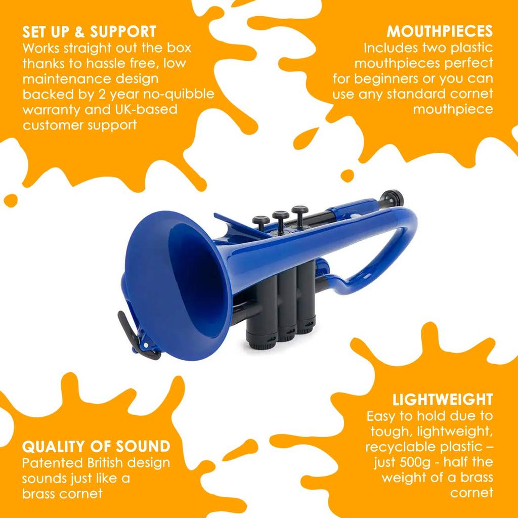 pInstruments pCornet PCORNET1B Blue Plastic Wind Instrument, Bb Key, Made of Lightweight and Durable ABS with Bio-Coated Antibacterial Coating [Includ