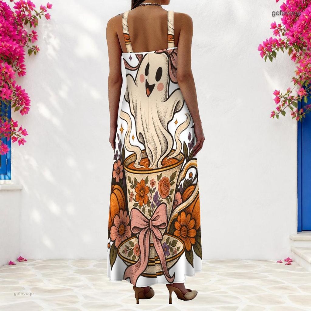 Women Plus Size Scoop Neck Strappy Sleeveless Halloween Ghost Pumpkin Printed White A Line Long Dress