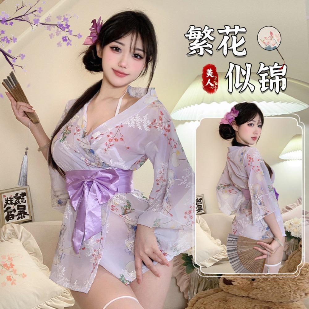 Domila Sexy Underwear Japanese Sexy Cardigan Three-point Chiffon Embroidered Kimono Hot Uniform Women's Suit