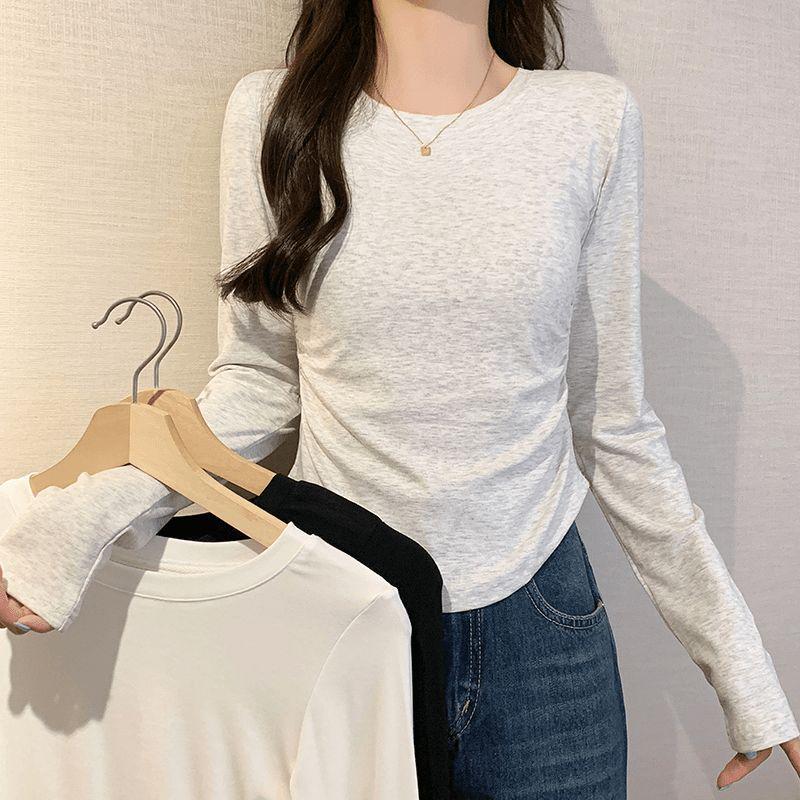 

Корейская Высококачественная Женская Весенняя Футболка с Длинным Рукавом и Присборенной Талией, Приталенного Кроя Extra Large серый