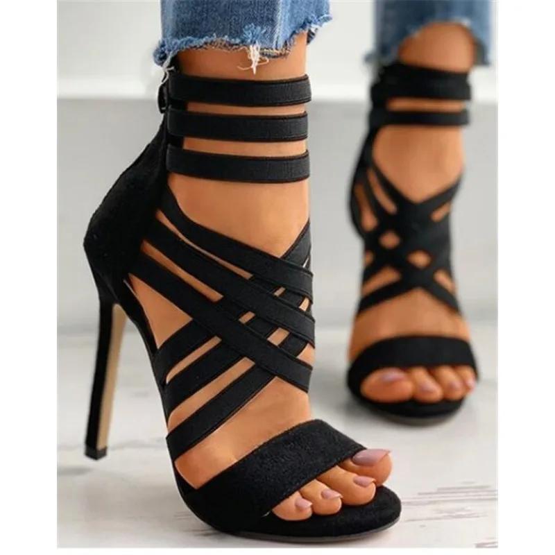 Summer Women's Fashion Bandage Back Zipper Sandals Sexy Pointed Toe Versatile Solid Color Banquet Party Stilettos Large 43