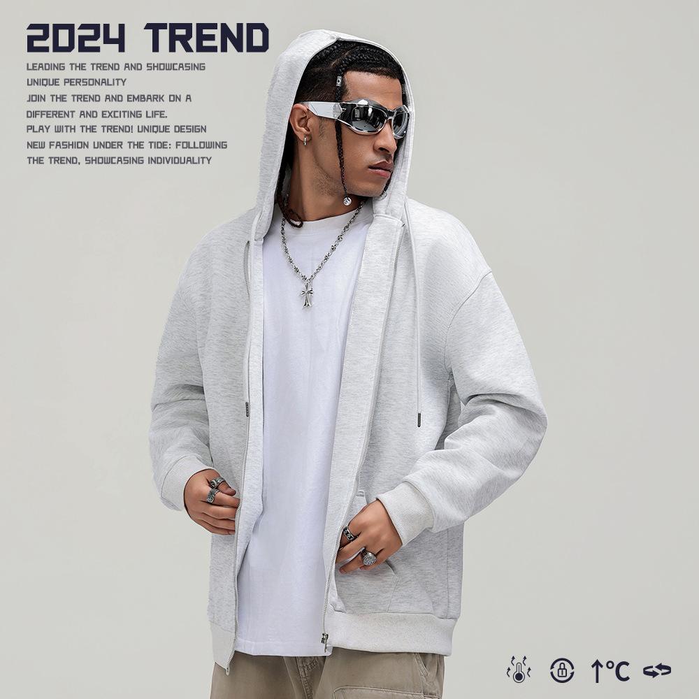 Heavy cardigan sweatshirt men's spring and autumn thin couple double pull versatile solid color trendy brand hooded jacket