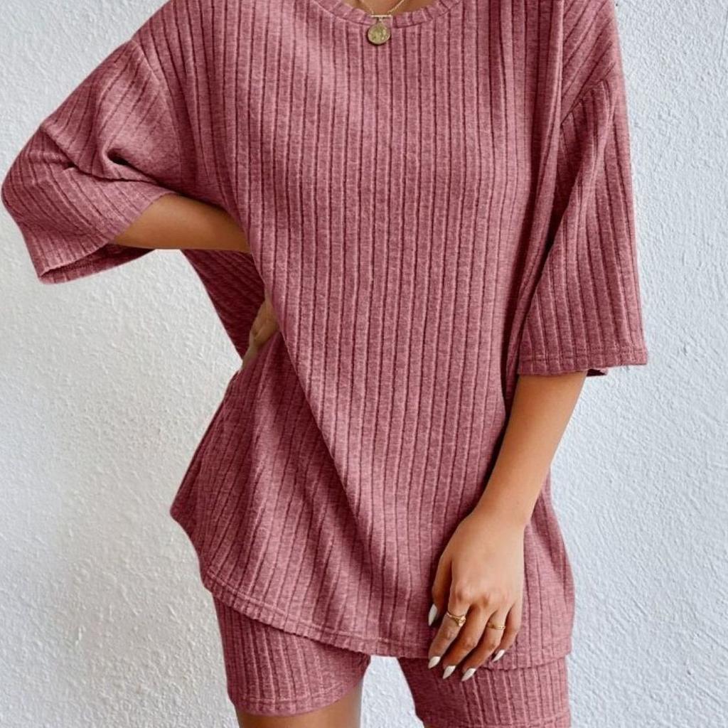Fashion Casual Solid Color Spring And Autumn Knitted Loose Women's Thin Shorts New Two-piece Suit