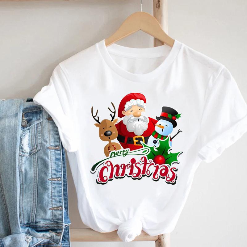 Cartoon Rudolph Reindeer Snowflake Print T Shirt Women Merry Christmas Holiday Short Sleeve Top