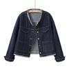 Temu Women's Small Deep Blue Denim Jacket – Fragrance Style, New Spring/Autumn Casual Round Neck Top