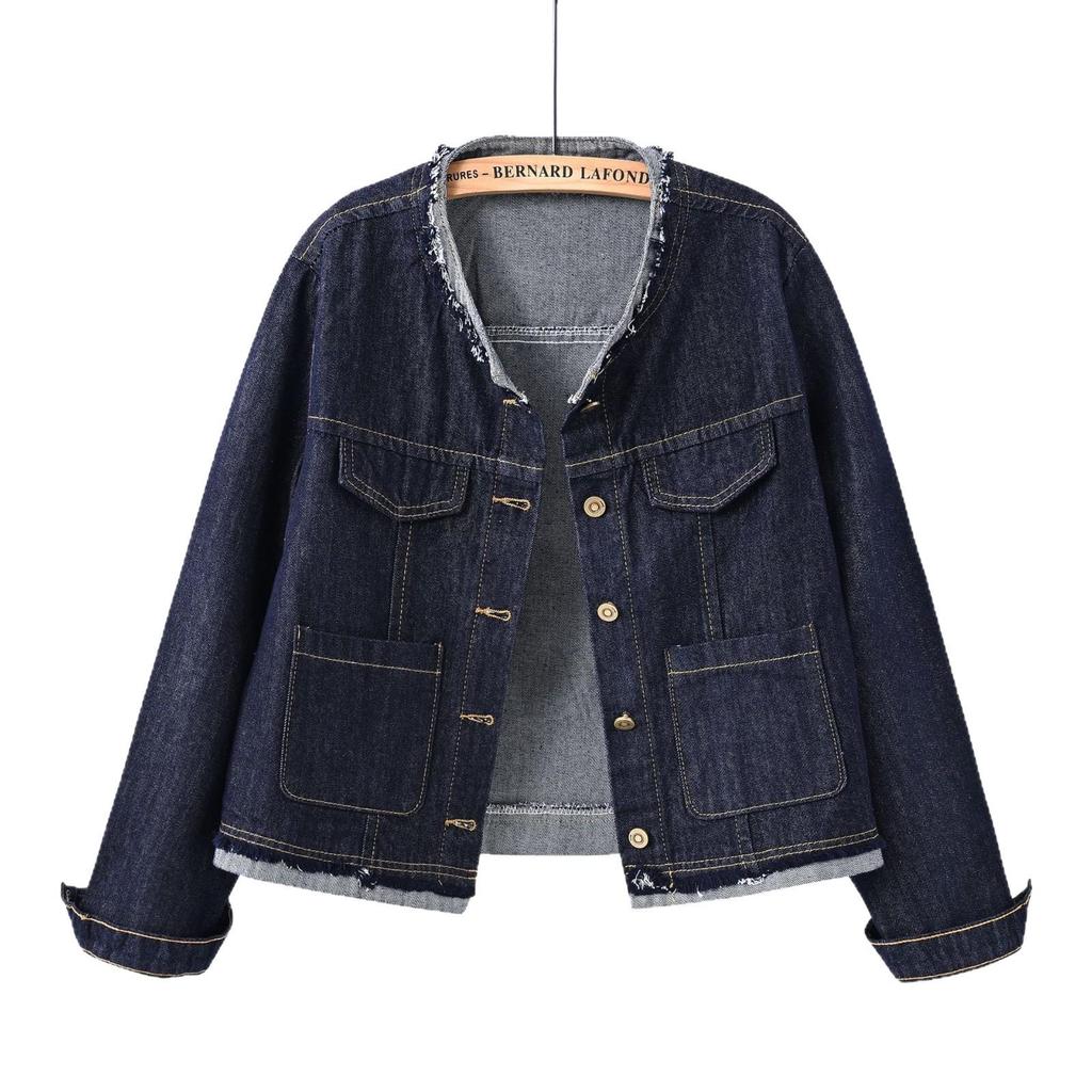 Temu Women's Small Deep Blue Denim Jacket – Fragrance Style, New Spring/Autumn Casual Round Neck Top