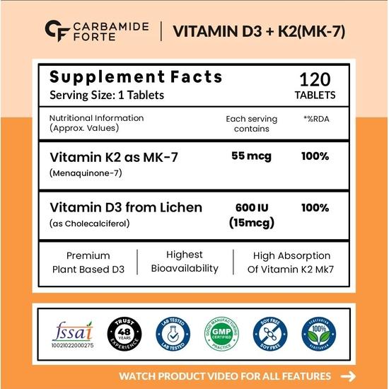 Carbamide Forte Vitamin D3 K2 MK7 | Plant Based Veg Vitamin D Supplement Lichen Source with Vitamin K2 - 120 Veg Tablets (Pack of 3)