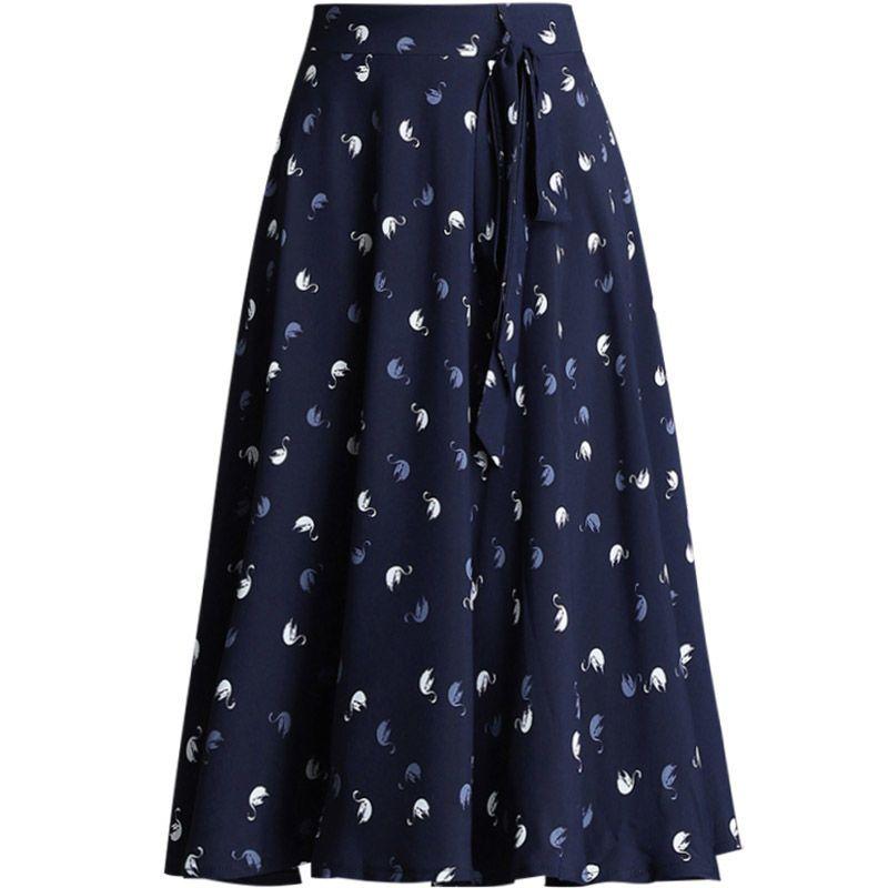 Damen Sommer Rock mit Blumenmuster und Schleife Hohe Taille Mittellang A-Linie Bedruckt Plissee