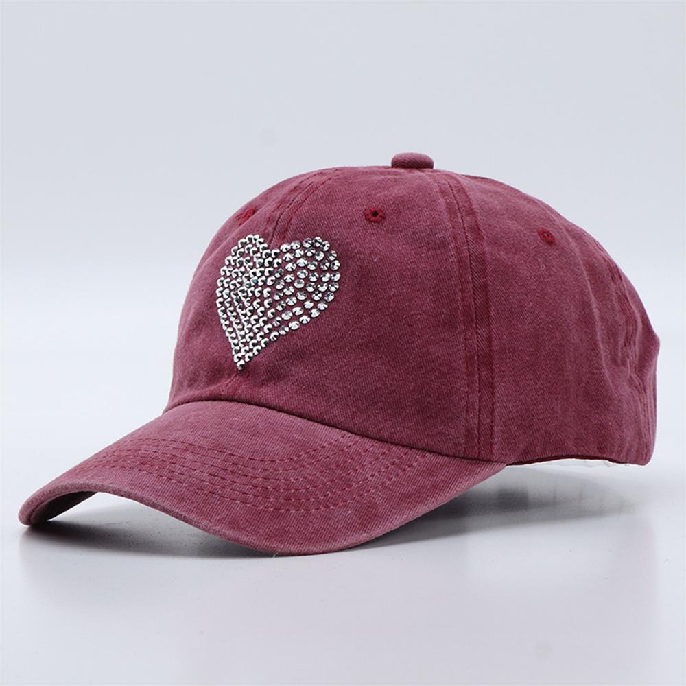 Heart Shaped Rhinestones Baseball Cap Washed and Distressed All-season Soft-top Peaked Cap Hats for Unsex Outdoor Sun Hats