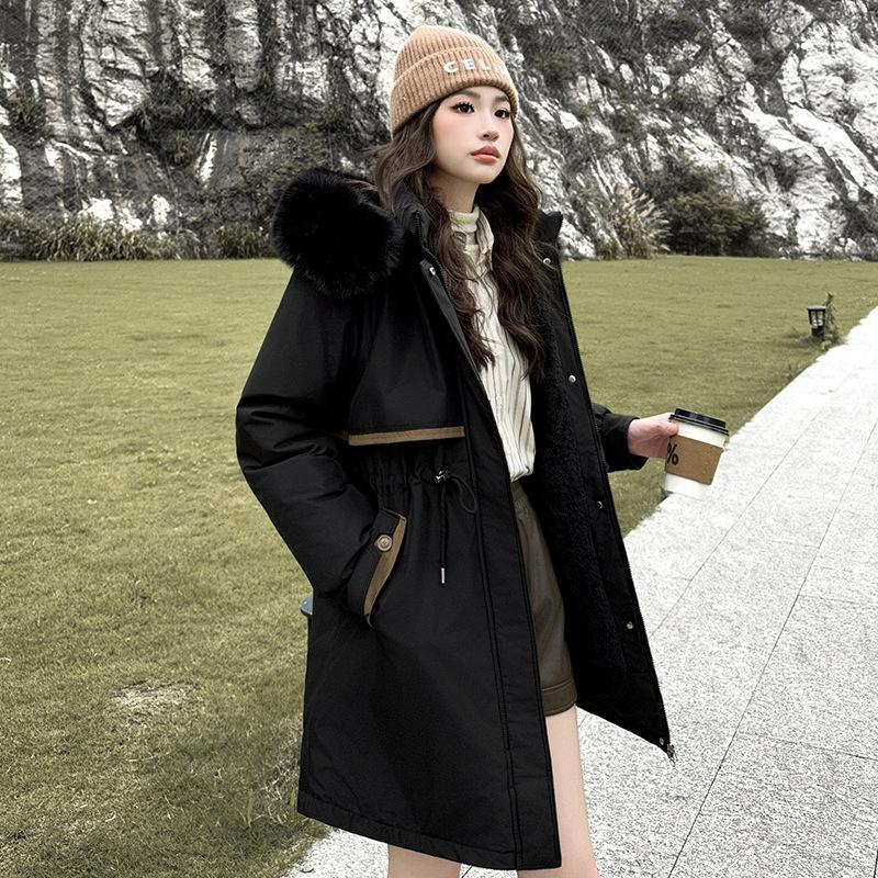 Fleece and thickened fur collar pie to overcome women's medium and long models, new thickened large size waist cotton jacket winter