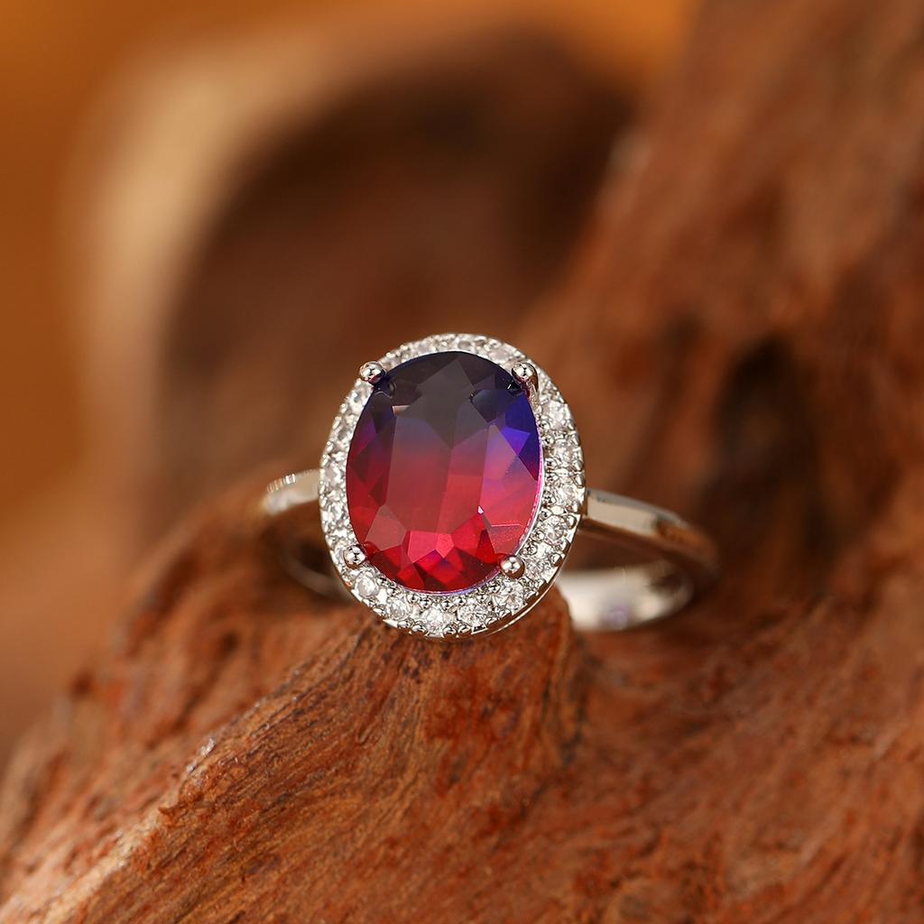 Oval Blue Red Gradient Tourmaline Stone Ring for Daily Wear Sterling Silver Design Created Change Stone Wedding Ring