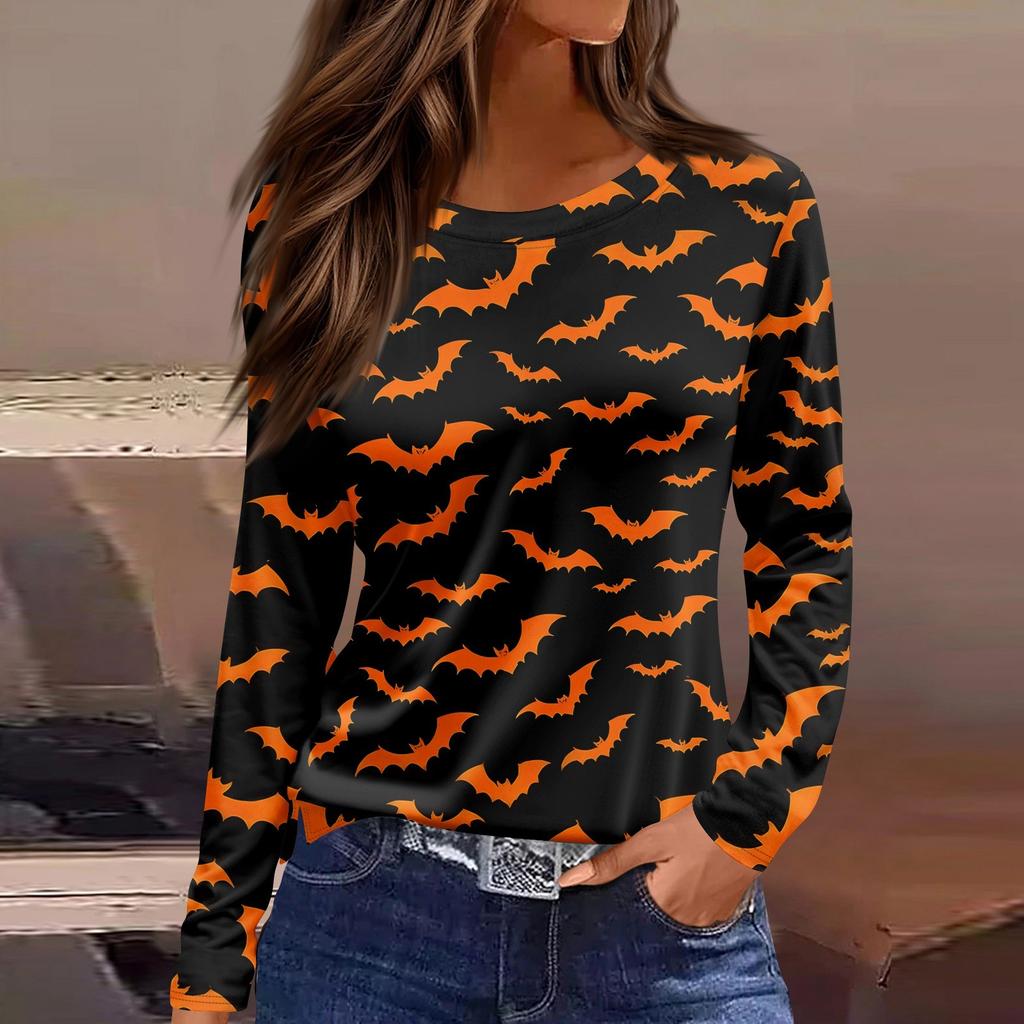 Damenmode Lässig Schlitzsaum Rundhals Langarm Locker Halloween Bedrucktes T-Shirt Damenoberteil